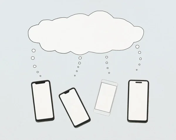 Grupo Telefones Inteligentes Bolha Fala Colagem Digital Armazenamento Nuvem Bate — Fotografia de Stock