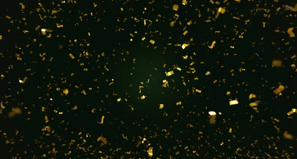 金色のリボン 濃い緑色の背景にお祝いの輝き 3Dレンダリング エメラルドを背景にした金のコンフェッティのデジタルイラスト — ストック写真