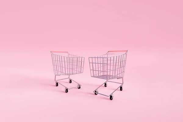 Üres Bevásárlókocsik Rózsaszín Elszigetelt Háttérrel Renderelés Mockup Design Acél Szupermarket — Stock Fotó