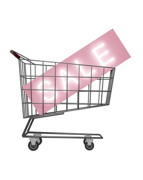 Nákupní Košík Zářivým Prodej Neonovým Bannerem Prázdném Pozadí Vykreslování Mockup — Stock fotografie