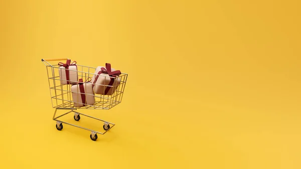 Sarı Arka Planda Paketlenmiş Hediyelerle Dolu Bir Alışveriş Arabası Hediyeler — Stok fotoğraf