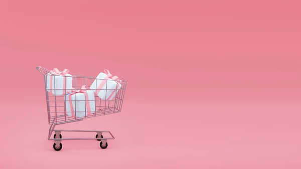购物车装满了包裹的礼物粉红色背景 3D渲染 带有礼物 假日购物和销售季节概念的超市转轮篮的模型设计 — 图库照片