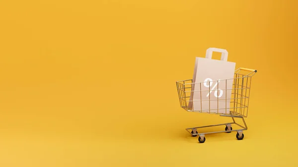 紙のショッピングバッグと割引記号 3Dレンダリングとショッピングカート 購入アイテム付きスーパーマーケットホイールバスケットのモックアップデザイン 季節販売の概念 消費者主義 マーケティング割引 — ストック写真