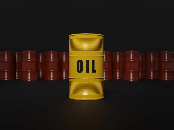 Yellow barrel with Oil sign, 3d rendering. Fossil fuel trading, oil and refinery industry and business concepts