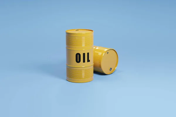 Barriles Petróleo Amarillo Sobre Fondo Azul Representación Refinería Comercio Petróleo —  Fotos de Stock
