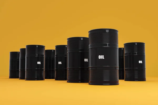 Black barrels with Oil sign against yellow background, 3d rendering. Fossil fuel industry, oil trading, large business and economy concepts