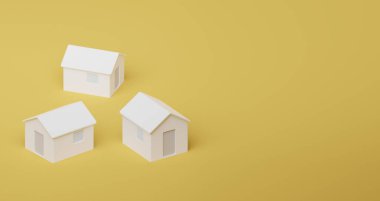 İzole edilmiş arka planda oyuncak evler, 3 boyutlu çizimler. Konut kavramları, bütçe ve ipotek sembolleri üzerinde gayrimenkul