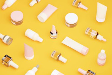 Güzellik ve kendine bakım kozmetoloji ürünleri sarı zemin üzerinde düz yatıyordu, 3D görüntüleme. Cam kavanozlar, küçük şişeler ve kozmetik tüpleri, dijital çizimler.