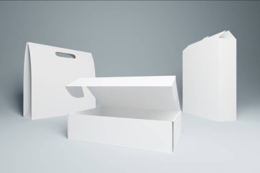 Paper food packaging options, 3d rendering mockup on gray background. Product packages recyclable and reusable carton lunch boxes