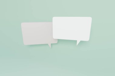 Two rectangular speech bubbles in pastel green background, 3d rendering. Digital illustration of messaging, communicating, texting and dialogue