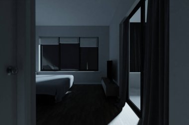 Modern master bedroom at night with moon light, 3d rendering. Digital illustration of a contemporary room with sliding window, real estate generic image