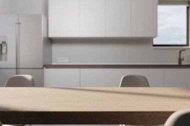 Dining table with kitchen background - 3d rendering with shallow depth of field and soft focus. Copy space for product, template and kitchen or culinary mock up