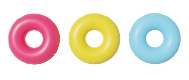 Inflatable swim tubes in isolated background, 3d rendering. Swimming rings in bright colours, concept of summer, holidays and sea vacation