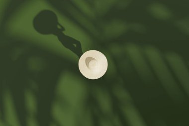 Hasır şapkalı bir kadının gölgesi, üstten çekim, 3D görüntüleme. Tatiller, tatil, plaj teması soyut kadın figürü, üst görünüm