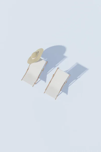 Cadeiras Salão Com Chapéu Verão Fundo Azul Pálido Renderização Ilustração — Fotografia de Stock