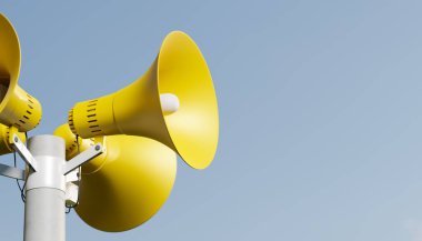 Umumi adres bildirim hoparlörleri bir direğin üzerinde, 3D yorumlama. Açıklama için açık hava uyarı megafonları veya hava saldırısı alarmı, sarı ve mavi arkaplan