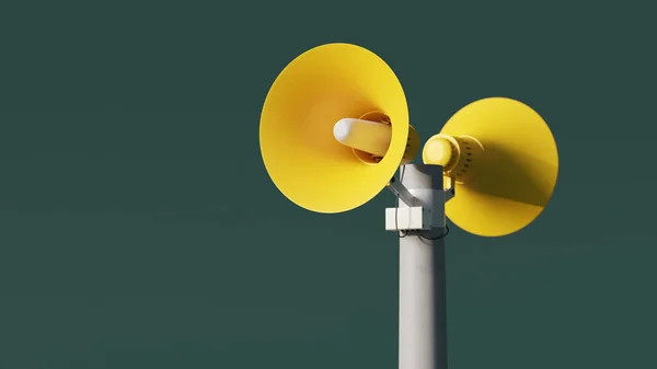 Żółte Głośniki Powiadamiające Adresach Publicznych Słupku Zielonym Tle Renderowanie Zewnętrzne — Zdjęcie stockowe