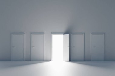 Kapalı kapılar ardında karanlık bir arkaplan, 3 boyutlu görüntüleme. Fırsat kavramı, iş teklifi, kurumsal büyüme veya doğru seçim arayışı