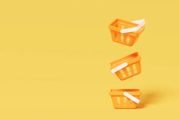 Plastové Oranžové Nákupní Vozíky Žlutém Pozadí Stylizované Vykreslování Nakupování Konzumace — Stock fotografie