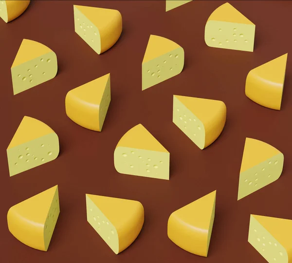 带有孔的三角形奶酪片 3D渲染 奶制品插图 — 图库照片