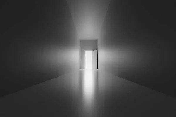 Open door with bright light in the end of the dark corridor, 3d rendering. Light at the end of the tunnel, concept of afterlife, near death experience, religious chritian signs