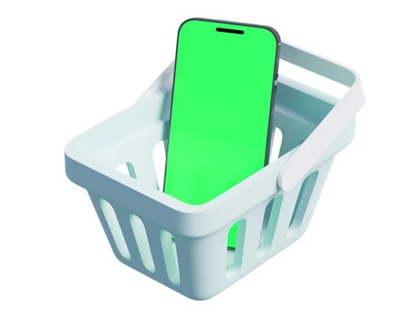 Smartphone Mit Grünem Chromakey Bildschirm Einem Einkaufswagen Stilisiertes Rendering Online — Stockfoto