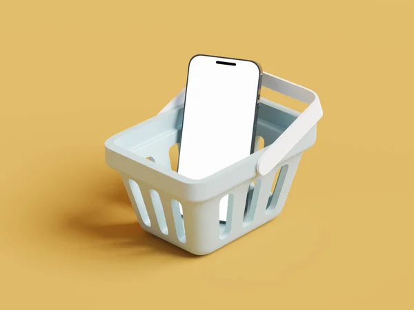 Smartfon Białym Ekranem Koszyku Stylizowane Renderowanie Zakup Online Przechowywanie Telefonie — Zdjęcie stockowe