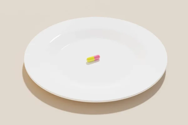 Píldora Única Plato Blanco Representación Suplemento Nutricional Tomar Medicamentos Cuidado — Foto de Stock