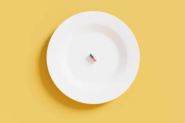 Απλό Χάπι Λευκό Πιάτο Απόδοση Συμπλήρωμα Διατροφής Λήψη Φαρμάκων Υγειονομική — Φωτογραφία Αρχείου