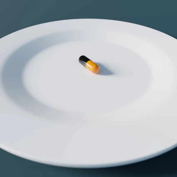 白盘上的一颗药丸 3D渲染 营养补充剂 保健和福利概念 — 图库照片