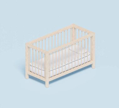Pastel arka planda tahta bebek beşiği, üç boyutlu görüntüleme. Doğum yapmak, çocuk sahibi olmak, yeni doğmuş bir bebek için iç dekorasyon ve mobilya.
