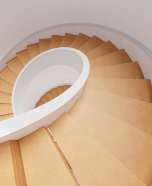 Spiral merdiven üst görüntüsü, 3D görüntüleme. Aşağı inen eğri ahşap merdivenlerin dijital çizimi