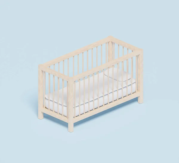 stock image Wooden baby crib against pastel background, 3d rendering. Giving birth, having children, interior decor and furniture for a newborn