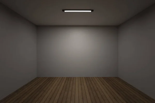 Empty room with grey walls and wood floor, 3d rendering. Mockup of a storage room, basement or confined place