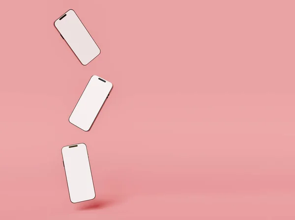 Smartphones Com Tela Branca Flutuando Fundo Rosa Renderização Tecnologia Digital — Fotografia de Stock