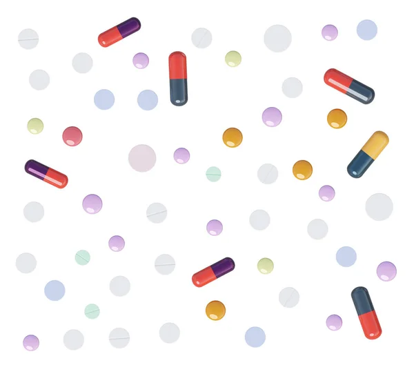 Különböző Tabletták Elszigetelt Háttérrel Renderelés Receptköteles Tabletták Vagy Kábítószerrel Való — Stock Fotó