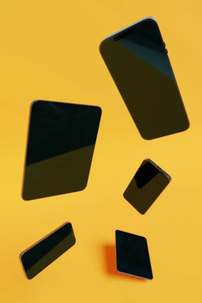 Smartfony Tablety Pływające Żółtym Tle Renderowanie Nowoczesna Technologia Cyfrowa Komunikacja — Zdjęcie stockowe