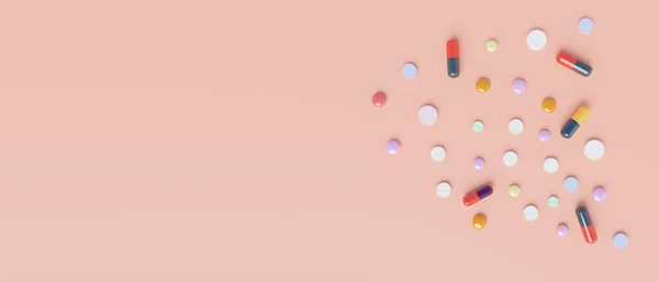 各种粉红背景的药丸3D渲染处方药或药物滥用 过量或保健问题概念 — 图库照片