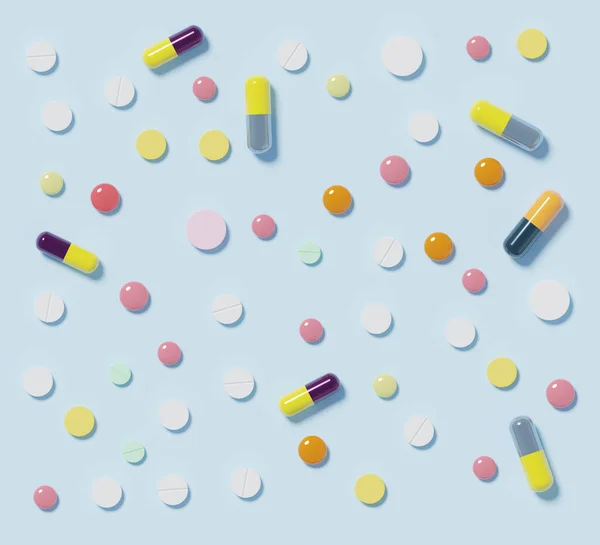蓝色背景的各种药丸3D渲染处方药或药物滥用 过量或保健问题概念 — 图库照片