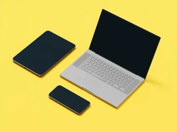 Generic Laptop Tablet Phone Yellow Backdrop Rendering Digital Devices Synchronization — Stock Photo, Image