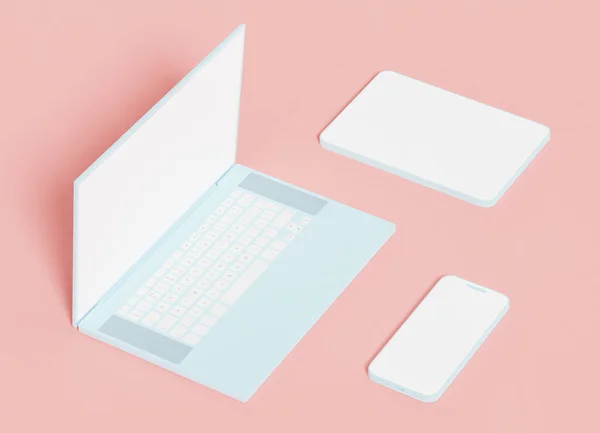Stylized light blue laptop, tablet and phone on pale pink backdrop, 3d rendering. Digital devices, synchronization and modern technologies illustration