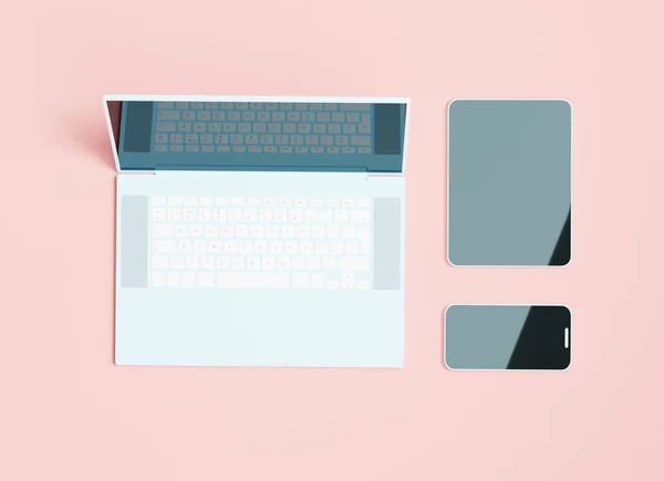 风格浅蓝色笔记本电脑 平板电脑和手机在苍白的粉红色背景 3D渲染 数字装置 同步和现代技术说明 — 图库照片
