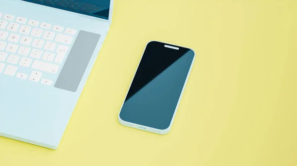 Stylized Light Blue Laptop Tablet Phone Yellow Backdrop Rendering Digital — Stock Photo, Image