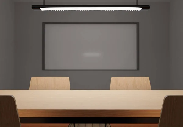 会議室やコンパクトな教室 テーブルに焦点を当て 3Dレンダリング ホワイトボード付きのオフィス又は教育機関の会議室 ストック画像