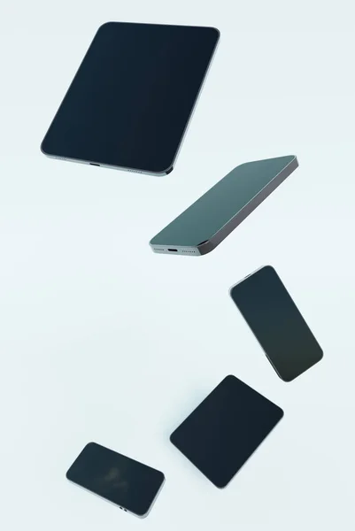 白い背景に浮かぶスマートフォンやタブレット 3Dレンダリング 現代のデジタル技術 アプリ 広告コンセプト ストックフォト