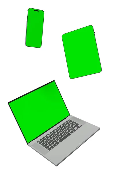 Смартфони Планшети Зеленими Екранами Хромовим Ключем Плавають Ізольованому Фоні Рендерингу Ліцензійні Стокові Зображення