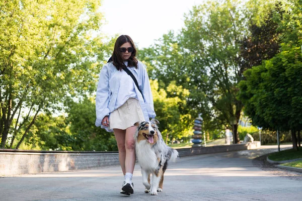 Wanita Muda Berjalan Jalan Dengan Anjing Aussie Gang Kota Menghabiskan — Stok Foto