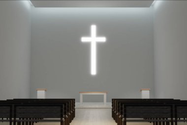 Genel modern kilise iç mimarisi 3D, parlayan büyük Hıristiyan haçı. Çağdaş dua evi çizimleri, dini temalar