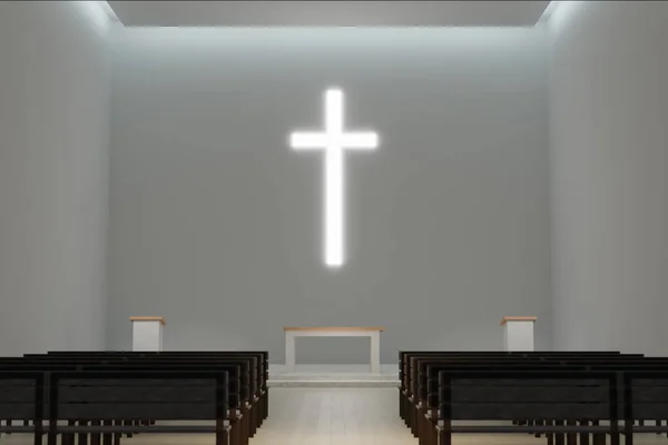 Generic Modern Church Interior Rendering Large Glowing Christian Cross Contemporary — Stock Photo, Image