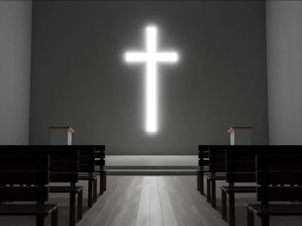 Generic Modern Church Rendering Large Glowing Christian Cross Dark Interior — Stock Photo, Image